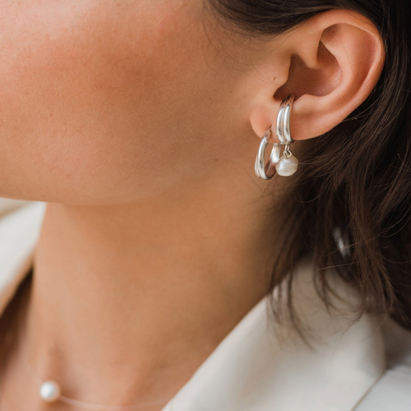 Ασημένιο μονό σκουλαρίκι Pearl Ear Cuff με μαργαριτάρι γλυκού νερού. - μικρά, ασήμι, μαργαριτάρι - 5