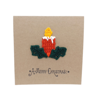 Κάρτα με πλεκτό χριστουγεννιάτικο κερί - ευχετήριες κάρτες, νήμα, χριστουγεννιάτικο δώρο, βελονάκι