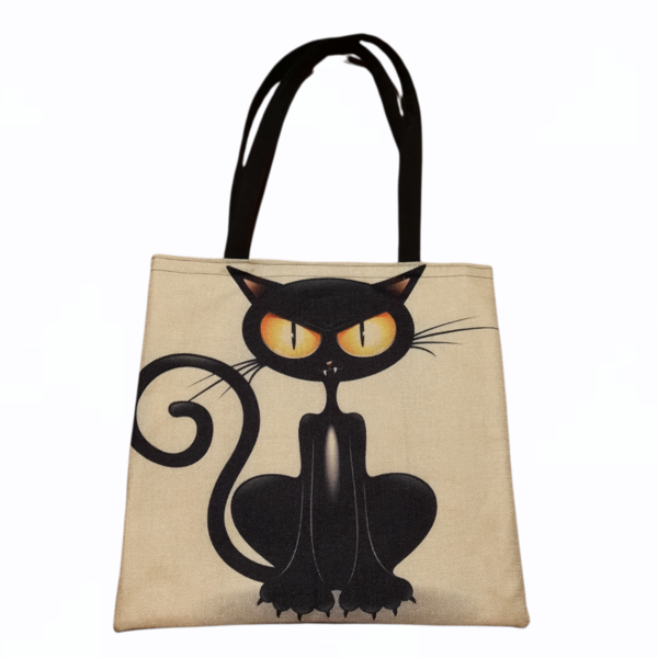 Χειροποίητη μαύρη υφασμάτινη tote τσάντα με θυμωμένη γάτα. - ώμου, γάτα, all day, tote, πάνινες τσάντες