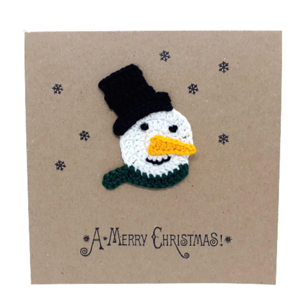 Χριστουγεννιάτικη κάρτα με πλεκτό χιονάνθρωπο - νήμα, χιονονιφάδα, χειμώνας, χιονάνθρωπος, ευχετήριες κάρτες