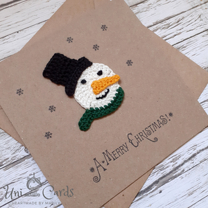 Χριστουγεννιάτικη κάρτα με πλεκτό χιονάνθρωπο - νήμα, χιονονιφάδα, χειμώνας, χιονάνθρωπος, ευχετήριες κάρτες - 2
