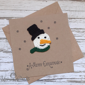 Χριστουγεννιάτικη κάρτα με πλεκτό χιονάνθρωπο - νήμα, χιονονιφάδα, χειμώνας, χιονάνθρωπος, ευχετήριες κάρτες - 3