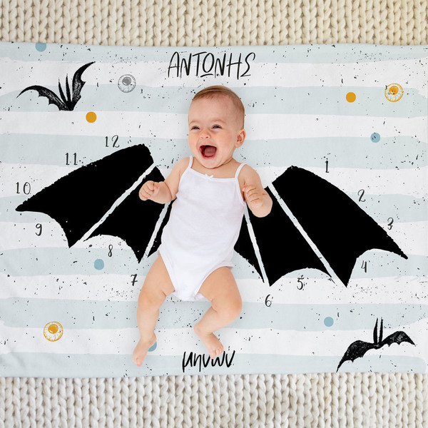 Milestone κουβέρτα μηνιαίας φωτογράφισης μωρού Halloween Νυχτεριδούλα 127 Χ 153 εκ - Looloo & Co - halloween, κουβέρτες - 2