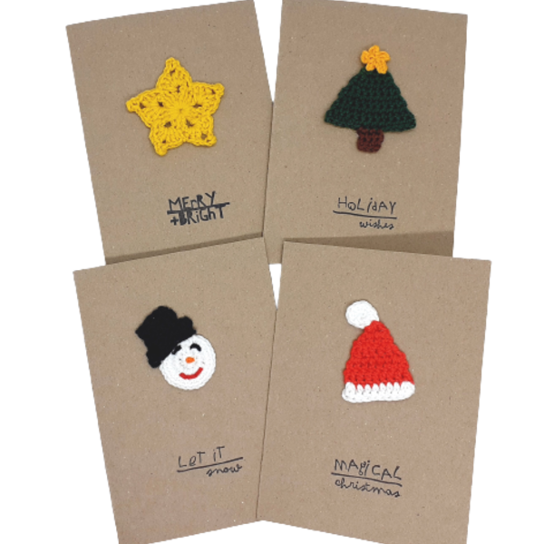 Σετ 4 καρτών με πλεκτά χριστουγεννιάτικα σχέδια - αστέρι, χιονάνθρωπος, άγιος βασίλης, ευχετήριες κάρτες, δέντρο