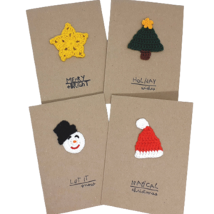 Σετ 4 καρτών με πλεκτά χριστουγεννιάτικα σχέδια - ευχετήριες κάρτες, δέντρο, αστέρι, άγιος βασίλης, χιονάνθρωπος