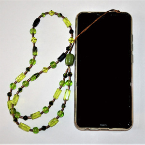 Λουράκι κινητού με πράσινες γυάλινες και χάλκινες χάντρες - χαλκός, κορδόνια, χάντρες, λουράκια - 3
