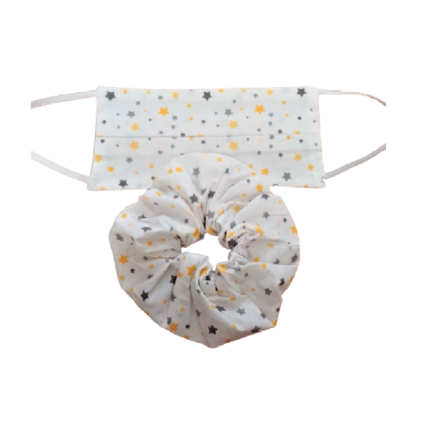 Σετ scrunchie και μάσκα σε βαμβακερό ύφασμα με αστεράκια. - μάσκες προσώπου, λαστιχάκι, για τα μαλλιά, σετ δώρου, αστέρι