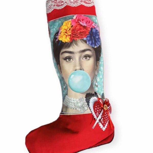 Χριστουγεννιάτικη μπότα frida kahlo / Audrey Hepburn - ύφασμα, διακοσμητικά, frida kahlo