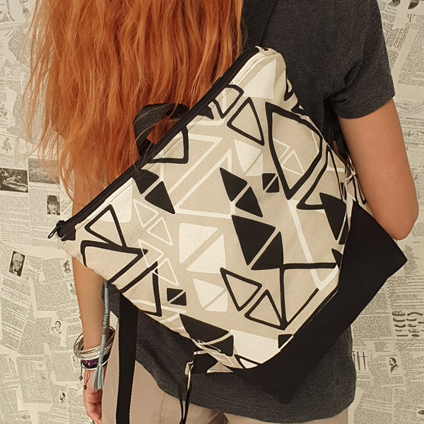 Τσάντα σακίδιο πλάτης με γεωμετρικά σχέδια - ύφασμα, πλάτης, μεγάλες, all day, πάνινες τσάντες - 4