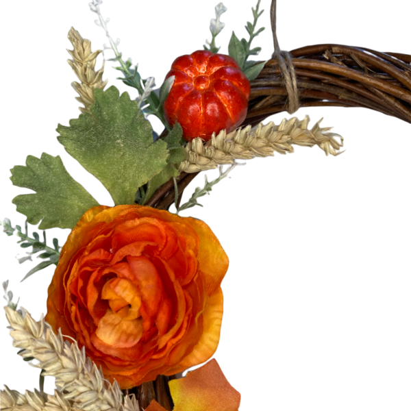 Χειροποιητο στεφανι με φθινοπωρινα φυλλα, κολοκυθα και σταχυα διαμετρου 20 x 20 cm - διακοσμητικό, στεφάνια, φθινόπωρο - 2