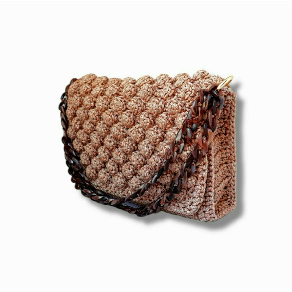 πλεκτή τσάντα Bobble crochet pink gold Μεσαία - ώμου, χιαστί, crochet, all day, πλεκτές τσάντες - 4