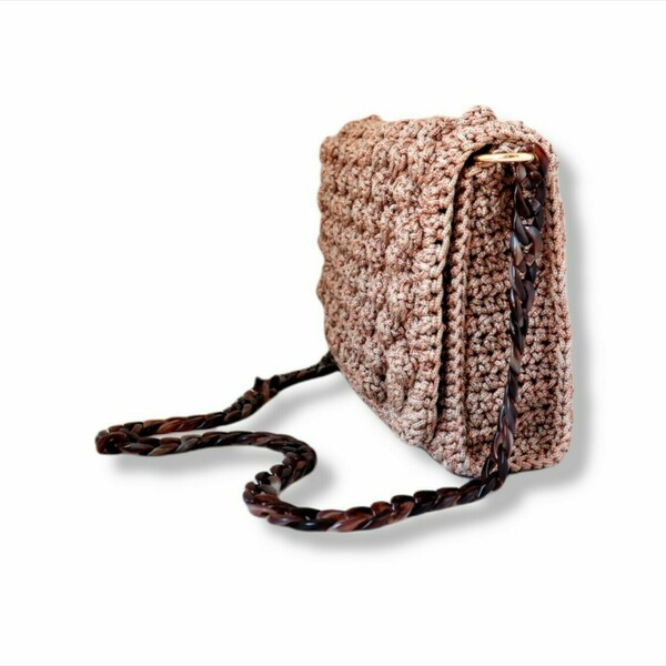 πλεκτή τσάντα Bobble crochet pink gold Μεσαία - ώμου, χιαστί, crochet, all day, πλεκτές τσάντες - 5