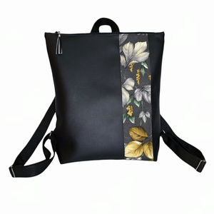 Backpack μαύρο με λωρίδα ύφασμα με φύλλα - ύφασμα, πλάτης, μεγάλες, all day, δερματίνη