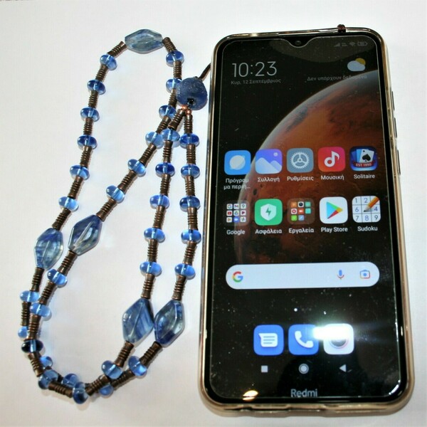 Λουράκι κινητού με μπλε πέτρες-γυάλινες και χάλκινες χάντρες - ημιπολύτιμες πέτρες, χαλκός, κορδόνια, χάντρες, λουράκια - 3