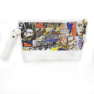 Clutch bag με ύφασμα Pop Art και λευκή δερματίνη 28*19*4 cm - ύφασμα, clutch, δερματίνη, χειρός, βραδινές