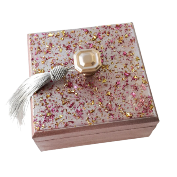 Ξύλινο κουτί μεταλλικό ροζ με υγρό γυαλί - ξύλο, οργάνωση & αποθήκευση, κοσμηματοθήκη, γιορτή της μητέρας