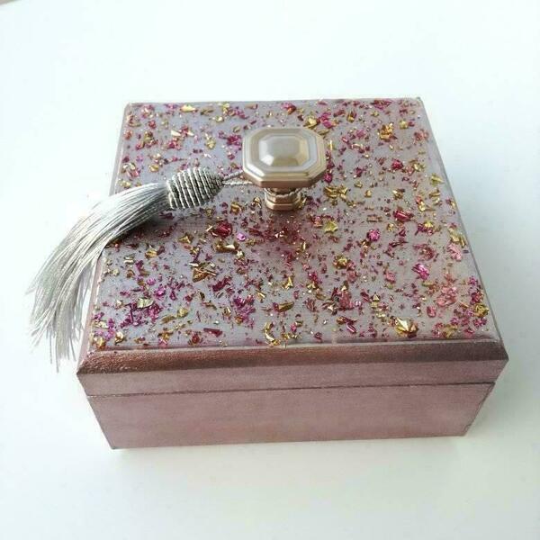 Ξύλινο κουτί μεταλλικό ροζ με υγρό γυαλί - ξύλο, οργάνωση & αποθήκευση, κοσμηματοθήκη, γιορτή της μητέρας - 3
