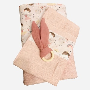 Βρεφικό σετ τριών τεμαχίων για κορίτσι ροζ (πετσέτα σώματος, προσώπου και μασητικό (κρίκος οδοντοφυιας) - κορίτσι, πετσέτα, σετ δώρου