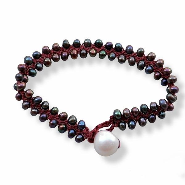 Lavinia Βραχιόλι μαύρο μαργαριτάρι πλεκτό - ημιπολύτιμες πέτρες, κορδόνια, boho, πέρλες, χεριού