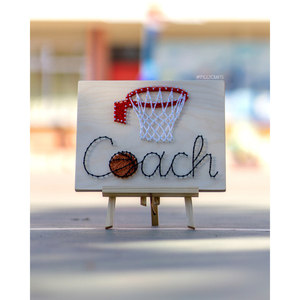 Ξύλινο κάδρο με καρφιά & κλωστές "Basket Coach" 30x25cm - πίνακες & κάδρα, δώρο - 3