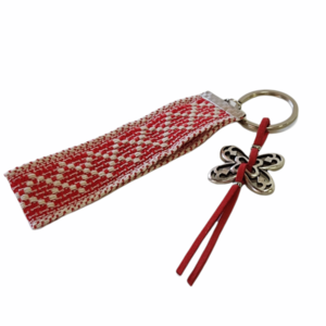 Μπρελόκ με υφαντή κόκκινη κορδέλα και μεταλλική πεταλούδα - δώρο, χειροποίητα, πεταλούδα, μεταλλικά στοιχεία, σπιτιού - 2