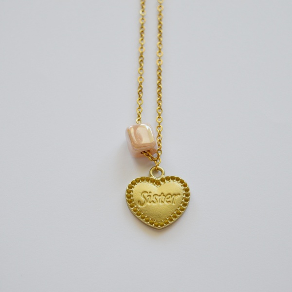 Κολιέ καρδιά sister με ροζ κεραμική χάντρα κύβος - charms, καρδιά, κοντά, ατσάλι - 4