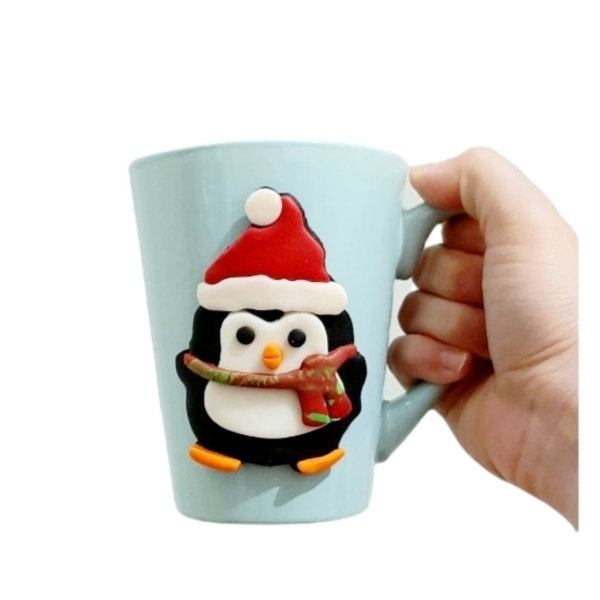 Προσωποποιημένη Κούπα με φιγούρα πιγκουίνο από πολυμερικό πηλο - πηλός, διακοσμητικά, χριστουγεννιάτικα δώρα, κούπες & φλυτζάνια - 3