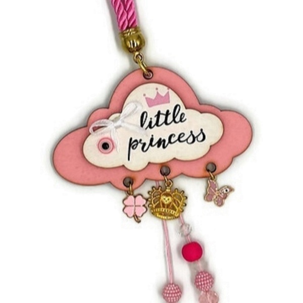 Κρεμαστό φυλαχτό-γούρι με ξύλινο συννεφάκι "little princess" για κοριτσάκια, μήκος 26cm - κορίτσι, δώρο, δώρα για μωρά, φυλαχτά - 4