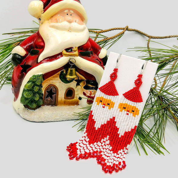 Κρεμαστά Χριστουγεννιάτικα Σκουλαρίκια από Γυάλινες Χάντρες - χριστουγεννιάτικο, κρεμαστά, μεγάλα, άγιος βασίλης - 4