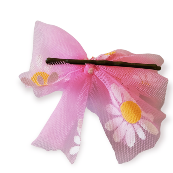 Φιογκάκι για μαλλιά από οργάντζα ροζ με μαργαρίτες - κορίτσι, λουλούδια, μαλλιά, αναμνηστικά, αξεσουάρ μαλλιών - 2