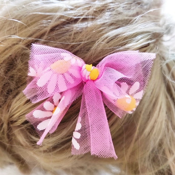 Φιογκάκι για μαλλιά από οργάντζα ροζ με μαργαρίτες - κορίτσι, λουλούδια, μαλλιά, αναμνηστικά, αξεσουάρ μαλλιών - 3
