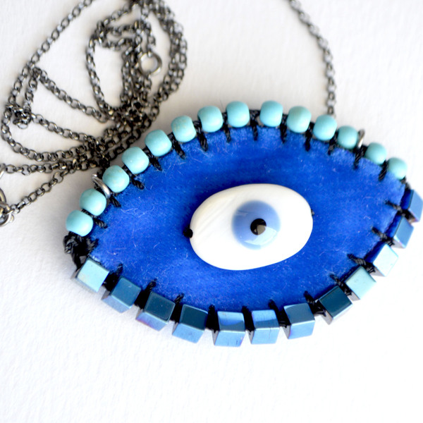 κολιέ evil eye μπλε μεγάλο - ημιπολύτιμες πέτρες, κεντητά, μάτι, μενταγιόν