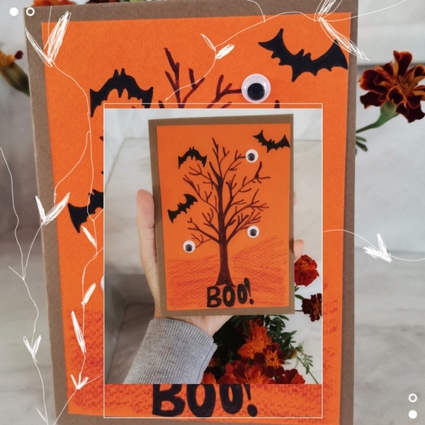 Χειροποίητη ζωγραφισμένη στο χέρι κάρτα Halloween από σκληρό χαρτόνι με νυχτερίδες & δέντρο - halloween, κάρτα ευχών, κάρτες, ευχετήριες κάρτες - 4