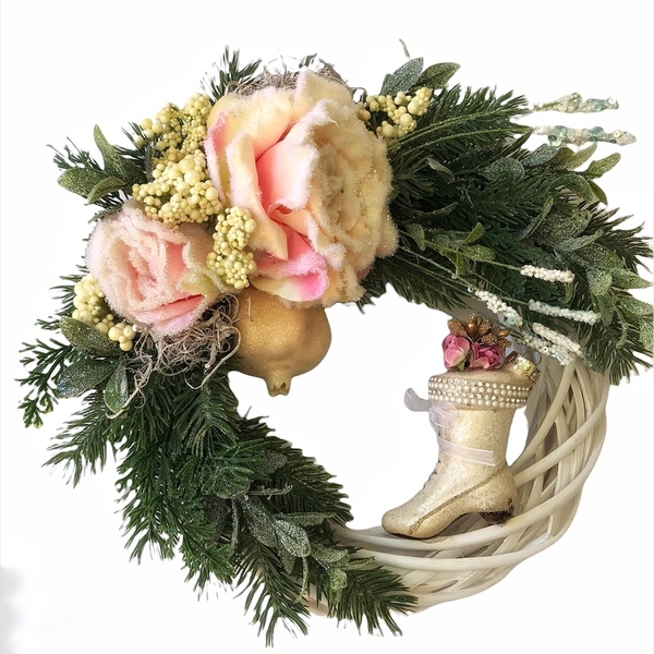 Χριστουγεννιάτικο στεφανι με τριαντάφυλλα και παπουτσακι - ξύλο, στεφάνια, σπίτι, διακοσμητικά, προσωποποιημένα