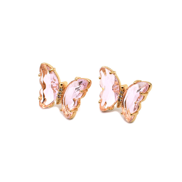 Σκουλαρίκια από Ανοξείδωτο Ατσάλι με Κρύσταλλο σε σχήμα Πεταλούδα Isabel Pink - επιχρυσωμένα, πεταλούδα, καρφωτά, ατσάλι, φθηνά