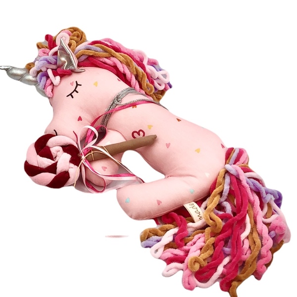 Μονόκερος Ροζ βαμβακερός , παιχνίδι και διακοσμητικό ,33cm ύψος ,κρατάει υφασμάτινο ζαχαρωτό - λούτρινα, παιχνίδια, μονόκερος, δώρα γενεθλίων - 4