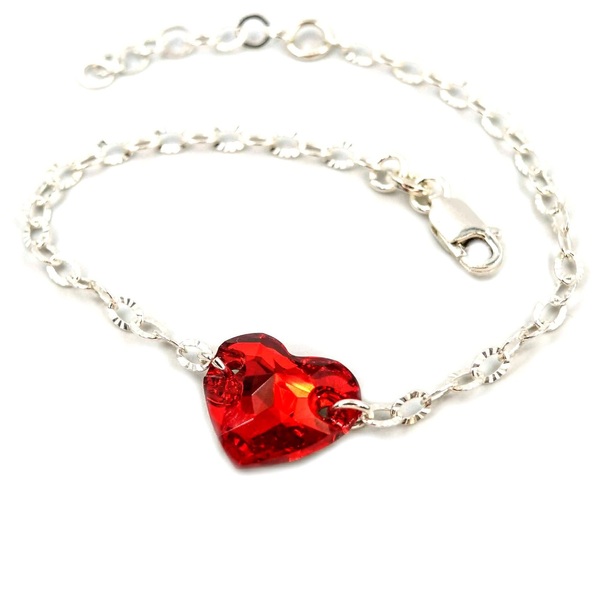 Βραχιόλι Γυναικείο Καρδιά Κόκκινη Swarovski Crystals, Δεμένο με Ασήμι, Λαμπερό Κόσμημα Nikolas Jewelry - charms, ασήμι 925, καρδιά, χεριού, αυξομειούμενα