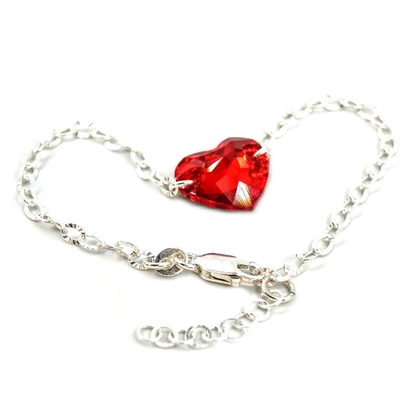 Βραχιόλι Γυναικείο Καρδιά Κόκκινη Swarovski Crystals, Δεμένο με Ασήμι, Λαμπερό Κόσμημα Nikolas Jewelry - charms, ασήμι 925, καρδιά, χεριού, αυξομειούμενα - 4