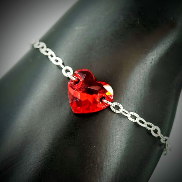 Βραχιόλι Γυναικείο Καρδιά Κόκκινη Swarovski Crystals, Δεμένο με Ασήμι, Λαμπερό Κόσμημα Nikolas Jewelry - charms, ασήμι 925, καρδιά, χεριού, αυξομειούμενα - 5
