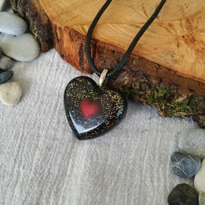 Εντυπωσιακό μενταγιόν καρδιά μαύρη με γκλίτερ από υγρό γυαλί, μήκος 42εκ - γυαλί, καρδιά, αγάπη, κοντά, μενταγιόν - 3
