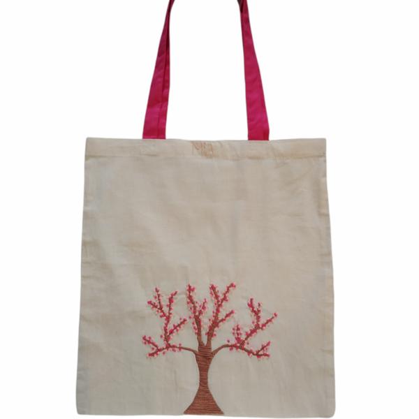 Πάνινη/Βαμβακερή Κεντημένη Τσάντα- Ανθισμένο Δέντρο - ύφασμα, ώμου, all day, tote, πάνινες τσάντες