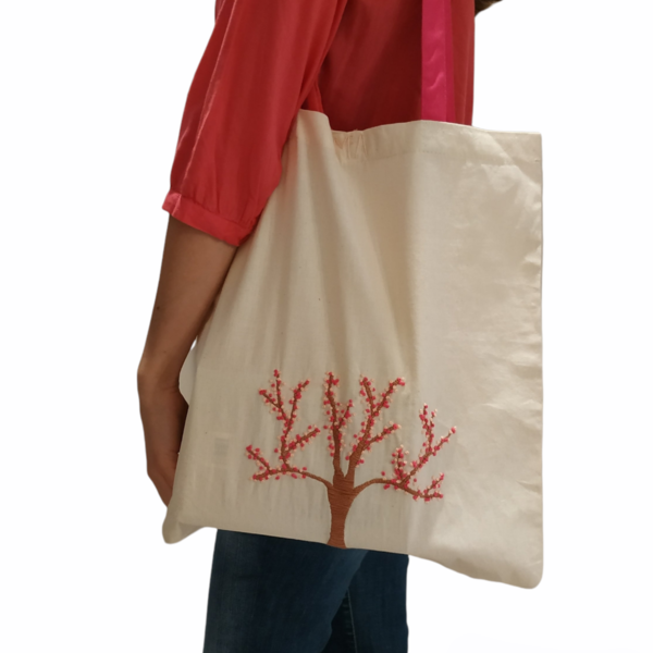 Πάνινη/Βαμβακερή Κεντημένη Τσάντα- Ανθισμένο Δέντρο - ύφασμα, ώμου, all day, tote, πάνινες τσάντες - 2