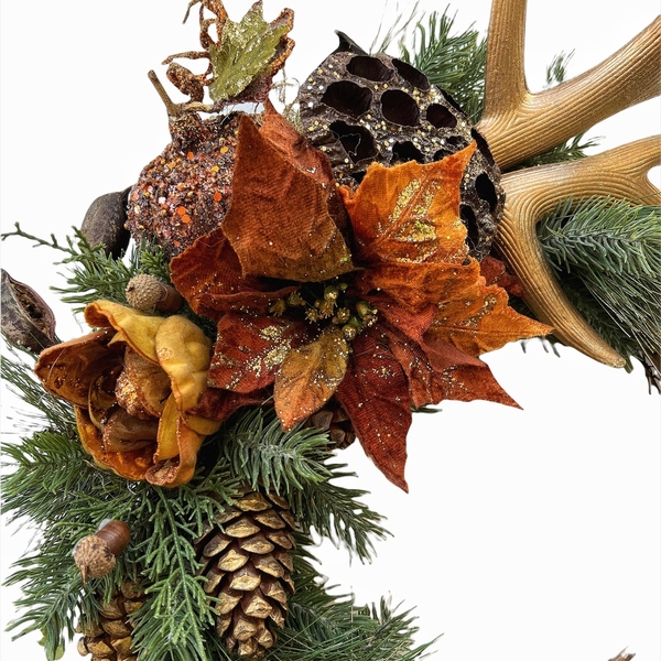 Χριστουγεννιάτικο στεφάνι με κέρατα ελαφιού , κολοκύθα, κουκουνάρια , αλεξανδρινό λουλούδι . - ξύλο, στεφάνια, διακοσμητικά - 2