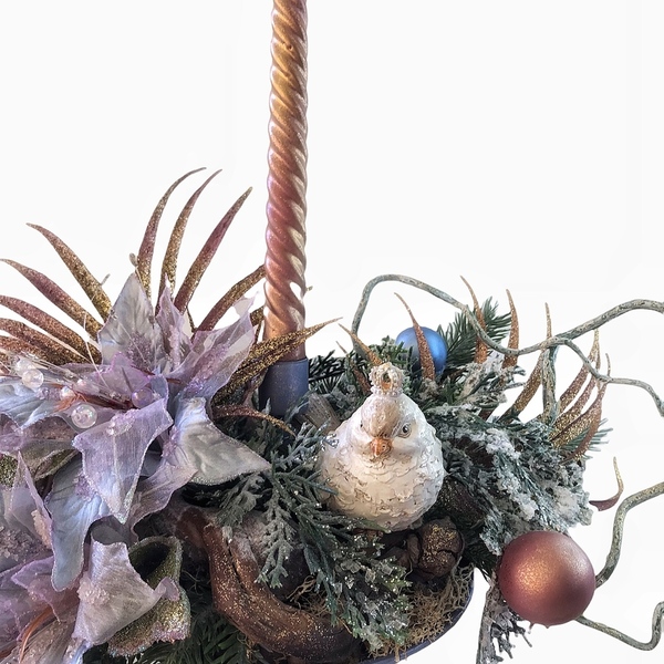Χριστουγεννιάτικο επιτραπέζιο κηροπήγιο με λουλούδια Αλεξανδρινού , στολίδια, πουλάκι - διακοσμητικά - 2