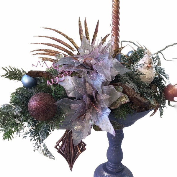 Χριστουγεννιάτικο επιτραπέζιο κηροπήγιο με λουλούδια Αλεξανδρινού , στολίδια, πουλάκι - διακοσμητικά - 3