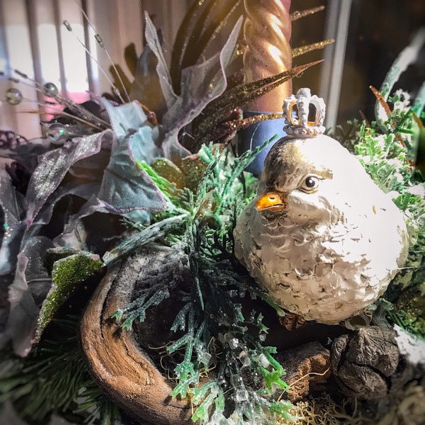 Χριστουγεννιάτικο επιτραπέζιο κηροπήγιο με λουλούδια Αλεξανδρινού , στολίδια, πουλάκι - διακοσμητικά - 4