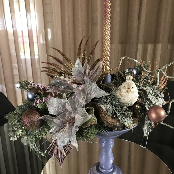 Χριστουγεννιάτικο επιτραπέζιο κηροπήγιο με λουλούδια Αλεξανδρινού , στολίδια, πουλάκι - διακοσμητικά - 5