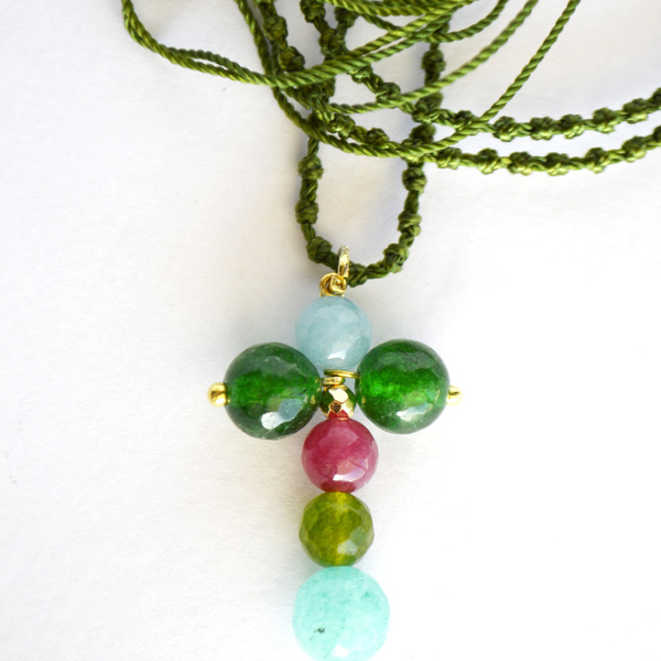 Κολιέ σταυρός πράσινος με ημιπολύτιμες πέτρες - ημιπολύτιμες πέτρες, σταυρός, boho
