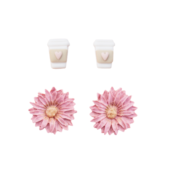Coffee and Flowers | Σετ 2 ζευγάρια καρφωτά σκουλαρίκια ποτήρια καφέ και λουλούδια (ατσάλι, πηλός) - πηλός, λουλούδι, καρφωτά, ατσάλι, καρφάκι - 2