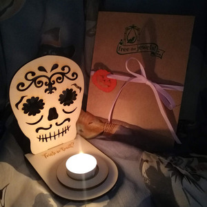 "Halloween" ξύλινη βάση ρεσώ sugar skull, διαστάσεις 12,5x10x14cm - ρεσώ & κηροπήγια, halloween, ξύλινα διακοσμητικά - 3